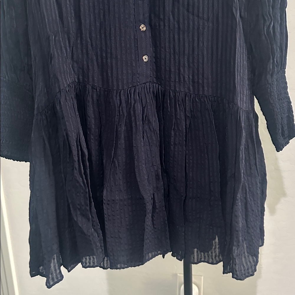 WITCHERY Stripe Pintuck Dress Navy Drop Shoulder, Waist Dress Button Front Sz 8 - Picture 8 of 15